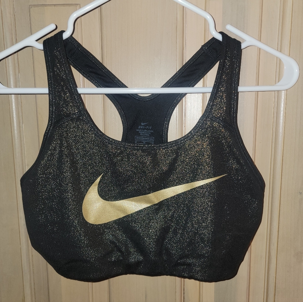 Misses Sz M Nike Athletic Racer Back Sports Bra Shiney Black And Gold